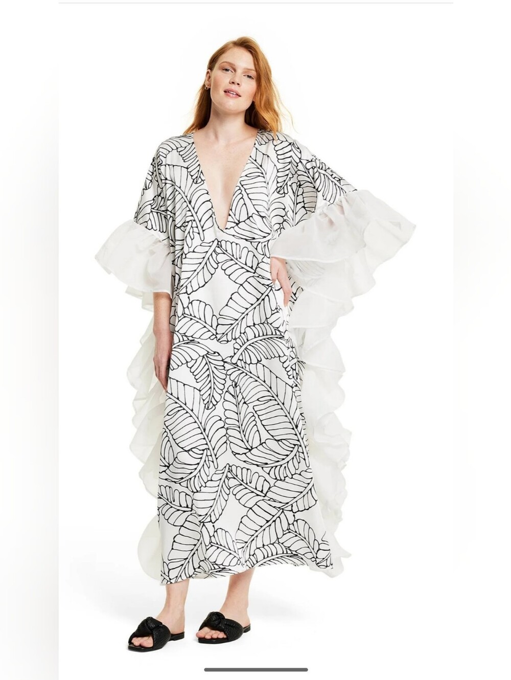 FE Noel X Target Sketch Palm Leaf Print Ruffle Trim Cover Up NWT